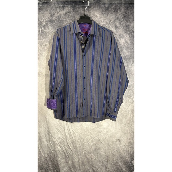 luciano visconti Men's Long Sleeve Paisley‎ Cuff Button Up Blue Gray Purple XL - Picture 1 of 14